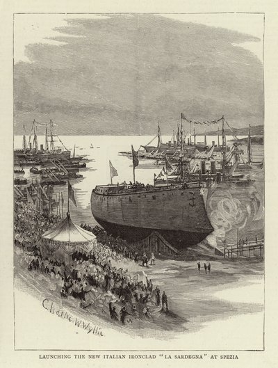 Wodowanie nowego włoskiego Ironclad La Sardegna w Spezia autorstwa Charles William Wyllie