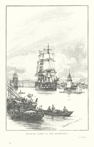 Rosyjska flota w cieśninie Bosfor (litografia) autorstwa Charles William Wyllie