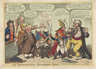 Napoleon jako fryzjer dla mocarstw europejskich, 1806 The Continental Shaving Shop (tytuł na obiekcie) autorstwa Charles Williams