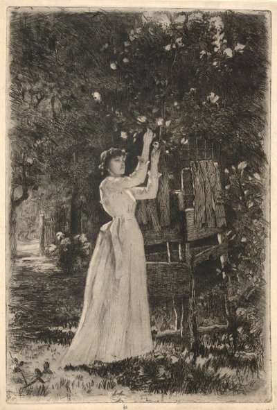 Młoda kobieta zbierająca kwiaty z drzewa autorstwa Charles Yardley Turner