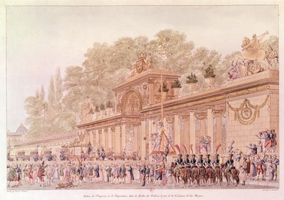 Wejście cesarza i cesarzowej do Ogrodów Tuileries w dniu ślubu (kolor graweru) autorstwa Charles and Fontaine Percier
