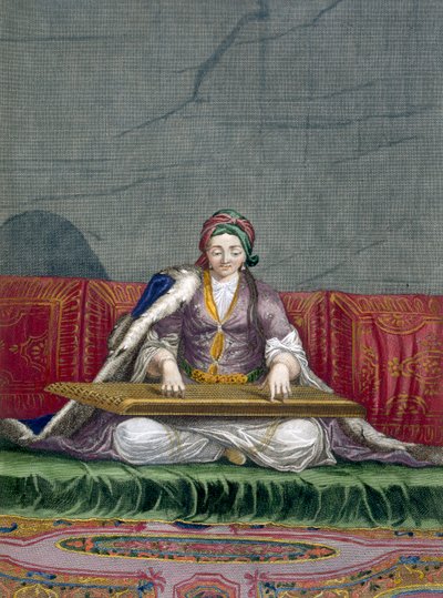 Turecka dziewczyna gra na instrumencie do skubania klawiatury, pub. 1707-08. autorstwa Charles de Ferriol
