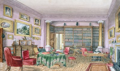 Biblioteka, Vinters, f.16 z „Albumu wnętrz”, 1843 autorstwa Charlotte Bosanquet