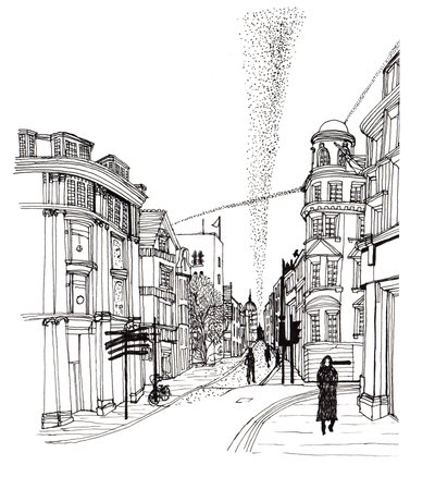 Cornmarket Street, 2019 (pióro i atrament) autorstwa Charlotte Orr