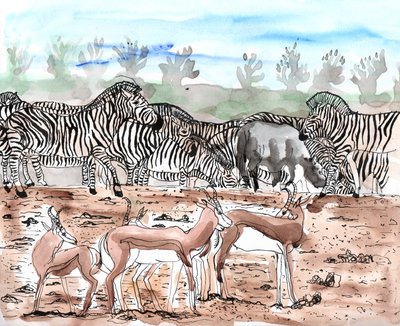 Safari 3, 2018 (tusz i akwarela) autorstwa Charlotte Orr