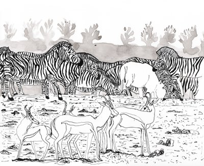 Safari 3, 2018 (tusz i akwarela) autorstwa Charlotte Orr