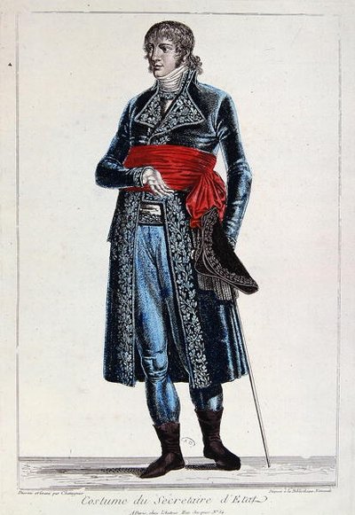 Kostium sekretarza stanu w okresie konsulatu (1799-1804) I Republiki we Francji, ok. 1800 (kolorowa rycina) autorstwa Chataignier Chataignier