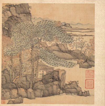 Obrazy według starożytnych mistrzów: uczone czytanie w krytej strzechą chacie przy wodospadzie, 1598-1652. autorstwa Chen Hongshou