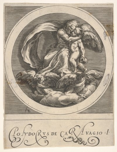 Jowisz, siedzący nad dwoma orłami i obejmujący Kupidyna, okrągła kompozycja z serii..., ca. 1590. autorstwa Cherubino Alberti