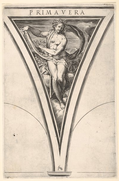 Primavera wiosenna reprezentowana jako kobieta niosąca falującą zasłonę i girlandy..., ca. 1570-1615. autorstwa Cherubino Alberti