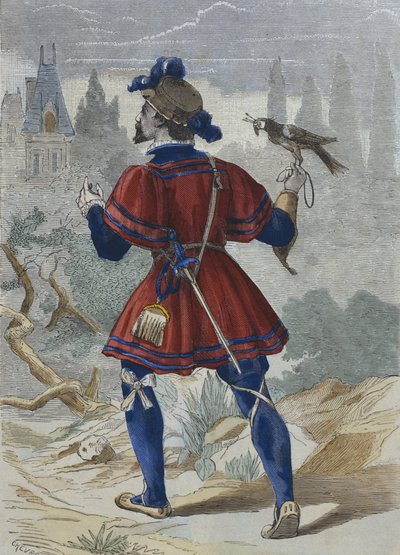 Sokolnik w gospodarstwie François Ier w XVI wieku, ilustracja z „Costumes de Paris a travers les siecles” H. Gourdona de Genouillac (kolorystyka) autorstwa Chevrolat