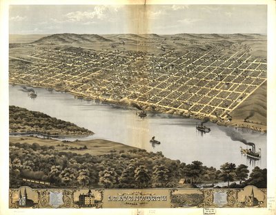 Widok z lotu ptaka na miasto Leavenworth, Kansas 1869 autorstwa Chicago Lithographing Co.