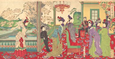 Konkurs eleganckich dam wśród kwitnącej wiśni Kaika kifujin kisoi, wrzesień..., wrzesień 1887. autorstwa Chikanobu Yoshu