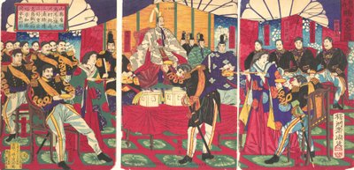 Ilustracja przedstawiająca zasłużonych dowódców, odbierająca cesarski puchar podarunkowy Kunko..., wrzesień 1877. autorstwa Chikanobu Yoshu