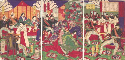 Przywódcy Pacyfikacji Rebeliantów z Kagoshimy świętują Pucharami..., 20 września 1877 r. autorstwa Chikanobu Yoshu
