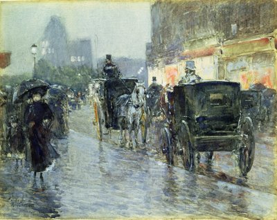 Taksówki konne wieczorem, Nowy Jork, ok. 1890 (akwarela i gwasz na papierze) autorstwa Childe Frederick Hassam