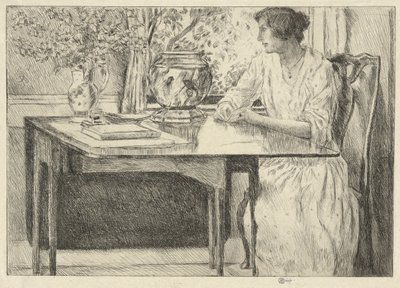 Stół Kolonialny (Holley House, Cos Cob) (prosto); Krajobraz ze stodołą (verso) autorstwa Childe Hassam