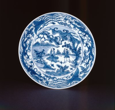 Naczynie niebiesko-białe malowane z szałwią i sługą, znak i okres Wanli, 1573-90 (porcelana) autorstwa Chinese School