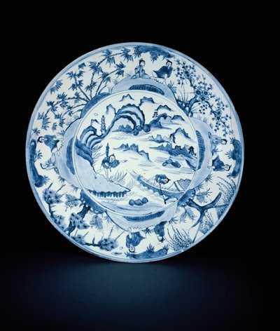 Niebiesko-białe naczynie namalowane z rybakami w scenie rzeki, Tianqi lub Chongzheng, 1620-30 (porcelana) autorstwa Chinese School