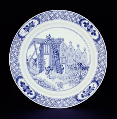 Niebiesko-biała tablica przedstawiająca zamieszki w Rotterdamie (porcelana) autorstwa Chinese School