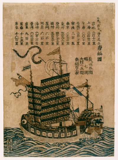 Chiński statek (Tosen Zu) z wykazem szlaku morskiego z Chin do Japonii, ok. 1850 (kolorowy drzeworyt) autorstwa Chinese School