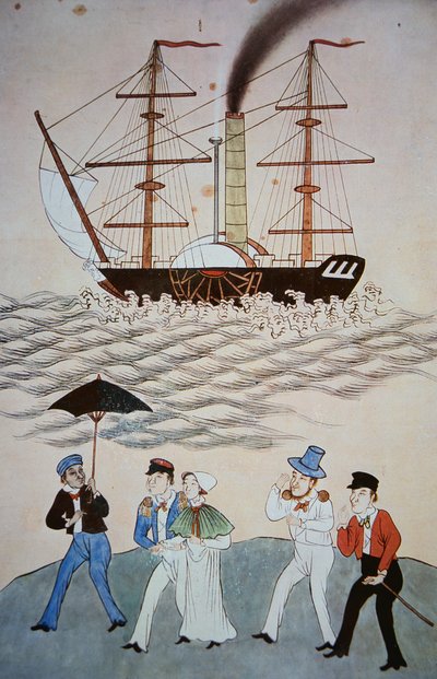 Chińskie malowanie pierwszego brytyjskiego parowca i pasażerów do lądowania w kantonie ok. 1840 r. (patrz także 268028) autorstwa Chinese School