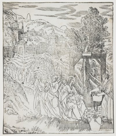 Chrystus u studni, płyta z Giulio Alenis Tianzhu jiangsheng zhuxiang jingjie (Ilustrowana historia Pana Nieba, który wcielił się w ciało), kościół Jinjiang, prowincja Fujian, Chi autorstwa Chinese School