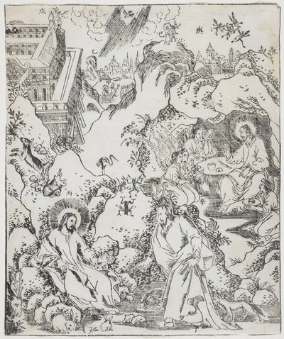Chrystus na pustkowiu, płyta z Giulio Alenis Tianzhu jiangsheng zhuxiang jingjie (Ilustrowana historia Pana Nieba, który wcielił się w ciało), kościół Jinjiang, prowincja Fujian autorstwa Chinese School
