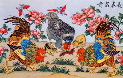 Kogut zabija krocionoga, ilustracja z Badania nad przesądami w Chinach, opublikowanej w Szanghaju przez Imrimerie de la Mission Catholique, 1929 autorstwa Chinese School