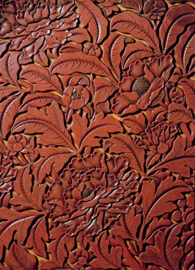 Fragment rzeźbionego naczynia ze znakiem Xuande (1426-36) w podstawie, chiński (czerwony lakier na drewnie) autorstwa Chinese School