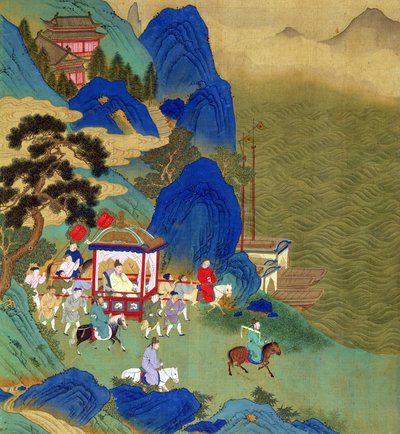 Cesarz Chin Wang Ti (221-206 pne) podróżujący w palankinie, z historii cesarzy chińskich (kolor na jedwabiu) autorstwa Chinese School