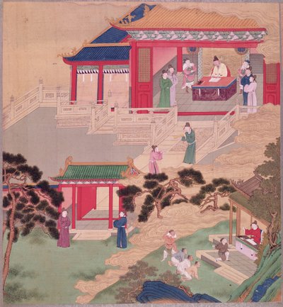 Cesarz Tai Tsung (r.762-779) czyta księgę medyczną z historii cesarzy chińskich (kolor na jedwabiu) autorstwa Chinese School