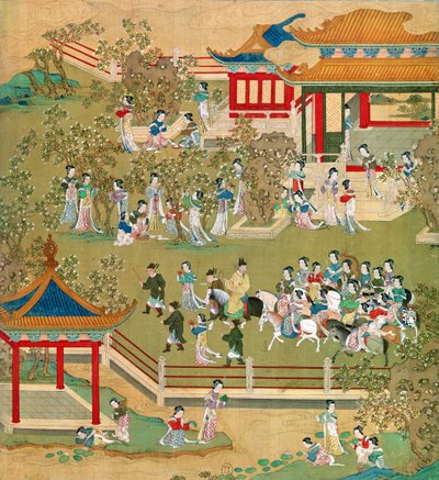Cesarz Yang Ti (581-618) spacerujący po swoich ogrodach ze swoimi żonami, z historii cesarzy chińskich (kolor na jedwabiu) (patrz także 176855) autorstwa Chinese School