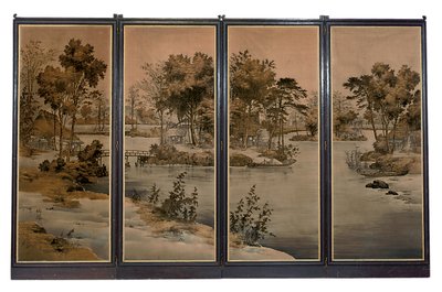 Poczwórny parawan z aksamitnymi panelami, tkany z pejzażem rzeki w odcieniach grisaille autorstwa Chinese School