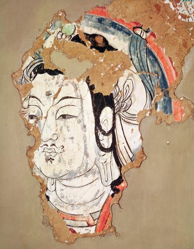 Głowa Buddy z aureolą, z Kao-chang, Xinjiang, chiński Turkiestan, VIII-IX w. autorstwa Chinese School