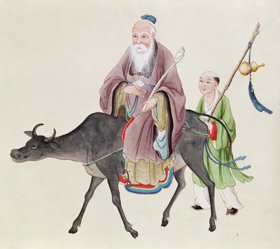 Lao-Tzu (ok. 604-531) na swoim bawole, a za nim uczeń (wc na papierze) autorstwa Chinese School