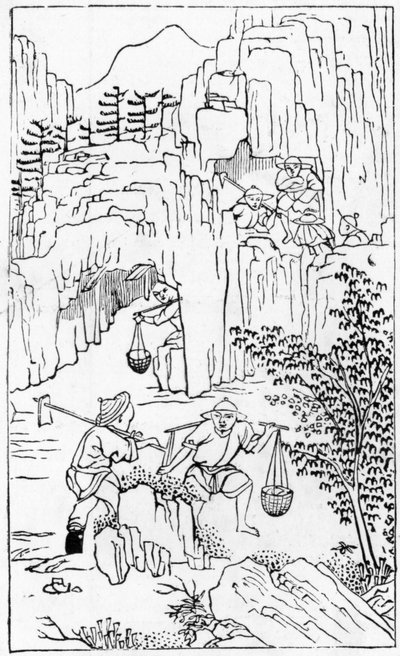 Wydobycie białej gliny, z serii ilustracji dotyczących produkcji porcelany (patrz 384116 i 384117 dla całej serii) autorstwa Chinese School