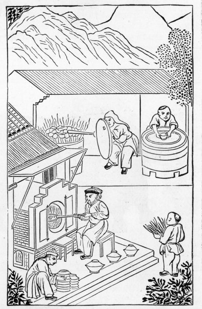 Otwieranie i zamykanie pieców, z serii ilustracji dotyczących produkcji porcelany (patrz 384116 i 384117 dla całych serii) autorstwa Chinese School