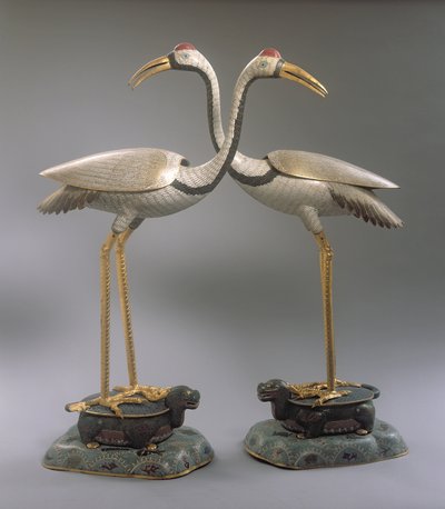 Para kadzideł żurawi, z okresu Qianlong (1736-95) (emalia cloisonne) autorstwa Chinese School