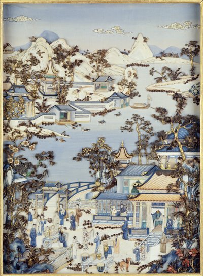 Panele przedstawiające postacie na tarasie, okres Qianlong, 1736-95 (polichromowana kość słoniowa) (jedna z pary) (patrz 206571, 206573) autorstwa Chinese School