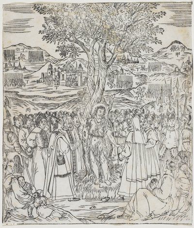 Kazanie św. Jana Chrzciciela, płyta z Giulio Alenis Tianzhu jiangsheng zhuxiang jingjie (Ilustrowana historia Pana Nieba, który stał się wcielony w ciele), kościół Jinjiang, Fujian autorstwa Chinese School