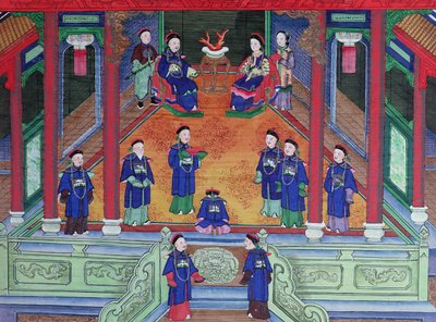 Scena przedstawiająca chińskiego urzędnika cesarskiego w domu siedzącego z żoną (gwasz na jedwabiu) autorstwa Chinese School