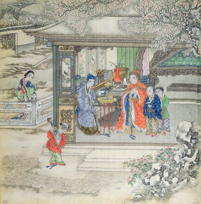 Scena w ogrodzie z rodziną przyjmującą gości (gwasz na jedwabiu) autorstwa Chinese School