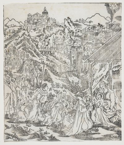 Adoracja Chrystusa, płyta Giulio Alenis Tianzhu jiangsheng zhuxiang jingjie (Ilustrowana historia Pana Nieba, który wcielił się w ciało), kościół Jinjiang, prowincja Fujian autorstwa Chinese School