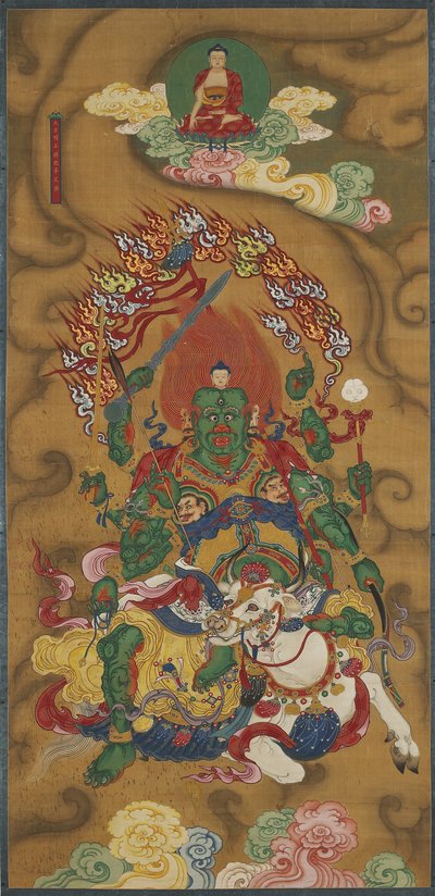 Buddyjski strażnik Mahabala, z zestawu buddyjskiej ziemi i wody (atrament, kolory i złoto na jedwabiu) autorstwa Chinese School