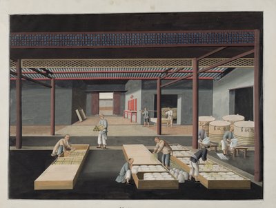 Skrzynia i opakowanie misek i naczyń, płyta 12 z serii dwunastu przedstawiająca proces produkcji chińskiej porcelany, XIX w. autorstwa Chinese School