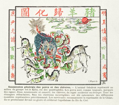 Kilin jest czczony przez świnie i kozy, które zdały sobie sprawę z błędów chrześcijaństwa i uznały supremację Chin, 1891 autorstwa Chinese School