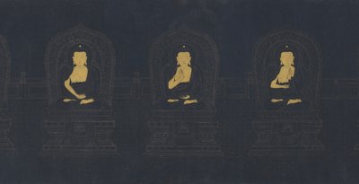 Siedmiu Buddów z przeszłości, prawdopodobnie dynastia Ming (złoty i biały pigment na ciemnoniebieskim papierze) autorstwa Chinese School