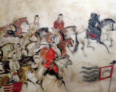 Grób księcia Zhanghuai, scena polowania z końmi, Xian, okres Han, 706 (fresk) autorstwa Chinese School