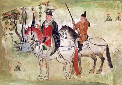 Dwóch jeźdźców w krajobrazie, Bodhisattwa i jego koniuszy, okres Tang (malowany kamień) autorstwa Chinese School
